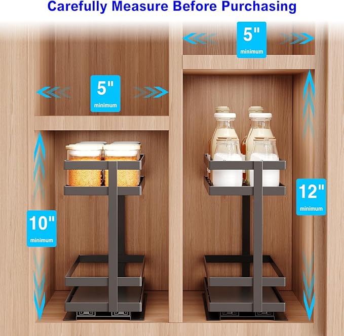 Mustorn 2 Pack Pull Out Spice Rack Organizer for Cabinet, 2 Tier Metal Slide Out Seasoning Organizer and Storage Heavy Duty Vertical Spice Rack Shelf Pullout for Kitchen Cabinets No Drilling (Black) - Image 9