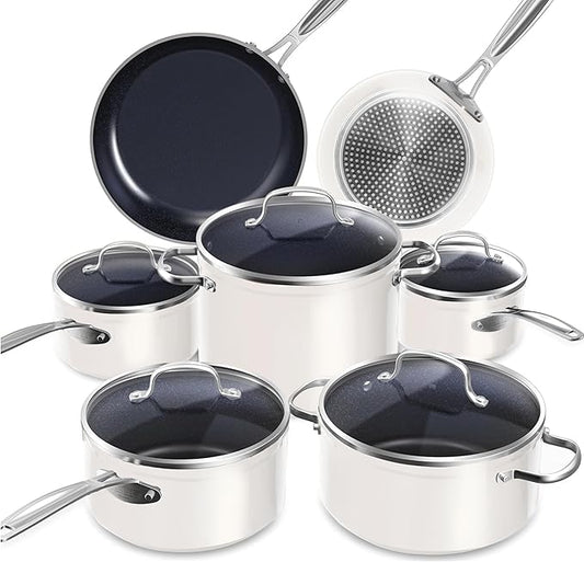 Nuwave Healthy Duralon Blue Ceramic Nonstick Cookware Set, Diamond Infused Scratch-Resistant, PFAS Free, Dishwasher & Oven Safe, Induction Ready & Evenly Heats, Tempered Glass Lids & Stay-Cool Handles by NuWave