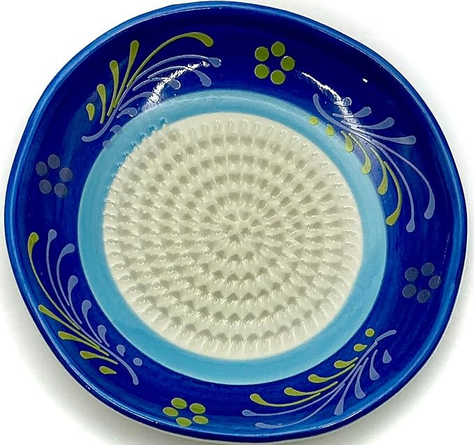 BonCera, All-in-one Premium Ceramic Garlic Grater Plate 4-Piece Set - Double Blue Circle Flower Design - For Garlic, Ginger, Chocolate, and more! - Comes with 5" Plate, Peeler, Brush, and Stand