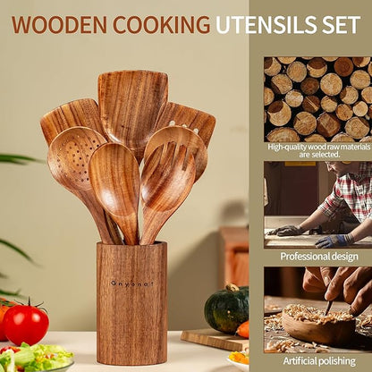 Wooden Spoons for Cooking,9 Pcs Teak Kitchen Utensil Set Wooden Cooking Utensils Wooden Spatula for Cooking - Image 7