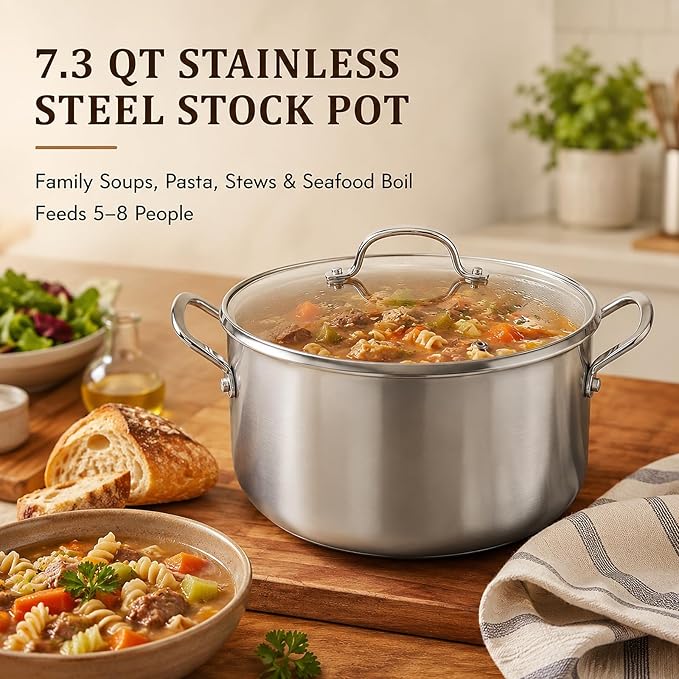 WANGYUANJI 7.3 QT Stainless Steel Stock Pot with Glass Lid, 11 Inch 18/10 Soup Pot with Tri-Ply Bonded Base, Induction & Oven Safe Large Cooking Pot for Pasta, Stew & Seafood Boil