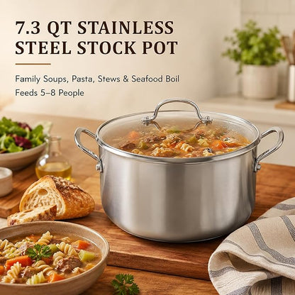 WANGYUANJI 7.3 QT Stainless Steel Stock Pot with Glass Lid, 11 Inch 18/10 Soup Pot with Tri-Ply Bonded Base, Induction & Oven Safe Large Cooking Pot for Pasta, Stew & Seafood Boil