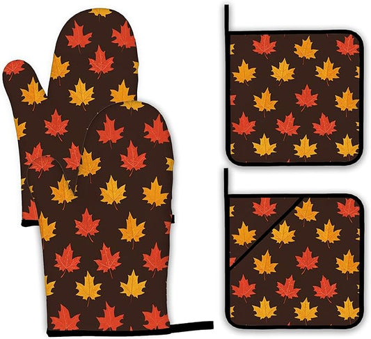 Maple Leaf Oven Mitts and Pot Holders Set,Autumn Kitchen Decor Heat Resistant Non Slip Hot Pads and Oven Mitt for Chef Cooking Baking BBQ Mom Girl Gifts(4 Piece Set)