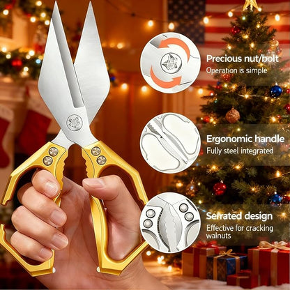 Multifunctional Heavy-Duty Kitchen Shears,Kitchen Shears for Cutting Chicken,Kitchen Scissors for Food, Japanese High-Carbon Steel Culinary Shears,for Chicken,Bone Cutting,Christmas Gifts (Gold)