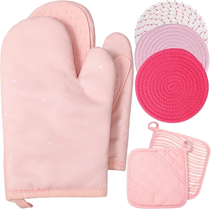 Sumind Pink Oven Mitts and Pot Holders 7 Sets, Heat Resistant Kitchen Gloves Pads Potholders for Mother Women Gifts Pot Holders Kitchen Accessories Gift(Pink White,Rubber Cotton,Stripes) by Sumind