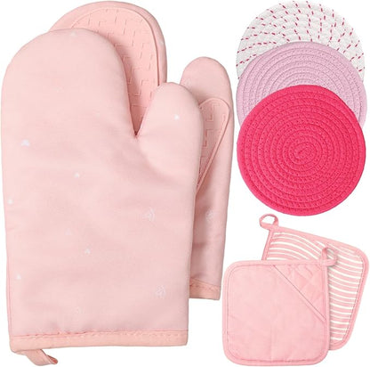 Sumind Pink Oven Mitts and Pot Holders 7 Sets, Heat Resistant Kitchen Gloves Pads Potholders for Mother Women Gifts Pot Holders Kitchen Accessories Gift(Pink White,Rubber Cotton,Stripes) by Sumind