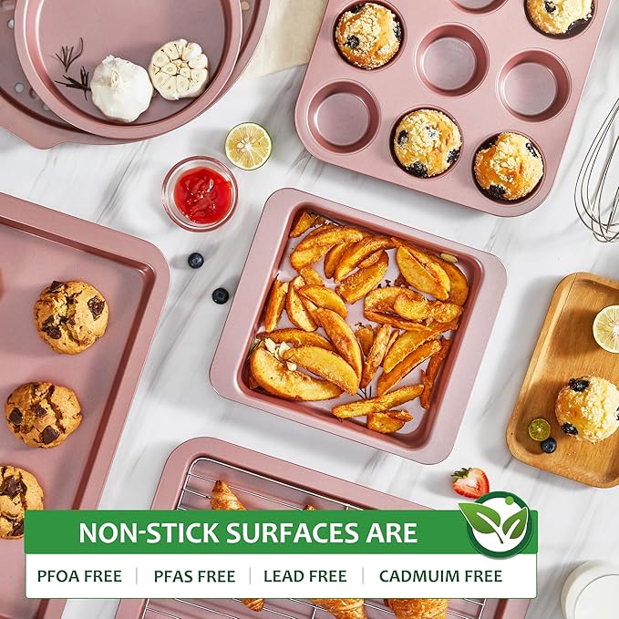 HONGBAKE Bakeware Sets, Baking Pans Set, Nonstick Oven Pan for Kitchen with Wider Grips, 10-Piece Including Rack, Cookie Sheet, Cake Pans, Loaf Pan, Muffin Pan, Pizza Pan - Pink - Image 5