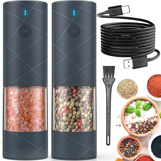 2Pack Electric Salt and Pepper Grinder Set USB Rechargeable with Warm LED Light, Adjustable Coarseness Lidaop Large Capacity Automatic Salt Pepper Mill Grinder for Kitchen, Restaurant, Outdoor (Grey) by Lidaop