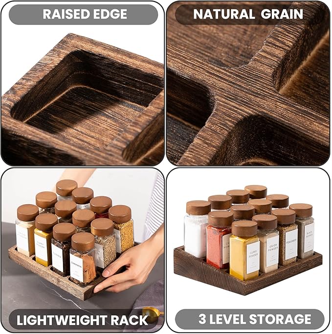 Yangbaga 24Pcs Glass Spice Jars with Labels-4oz Acacia Wood Lid Square Spice Containers and 2pcs Rack with Pepper Grinder Lids &Funnel,Seasoning Jars for Rack Cabinet Drawer - Image 3
