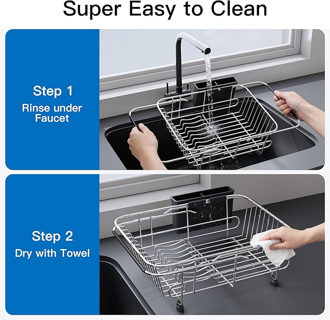 Apartment RV Small Dish Drainer Drying Rack Over The Sink In Stainless Steel for Narrow Kitchen, Counter Space Saving Compact Expandable Metal Plate Dryer Strainer, Modern Above Wire Drain Holder - Image 8