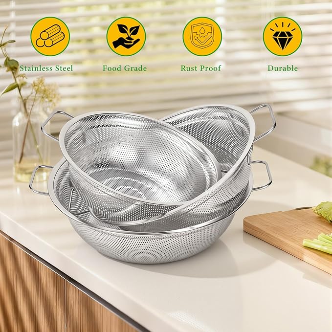 Colander Set of 3, Stainless Steel Micro-Perforated Colanders Strainers for Draining Rinsing Washing, Ideal for Pasta Vegetables Fruits, Heavy Duty & Dishwasher Safe - Image 7