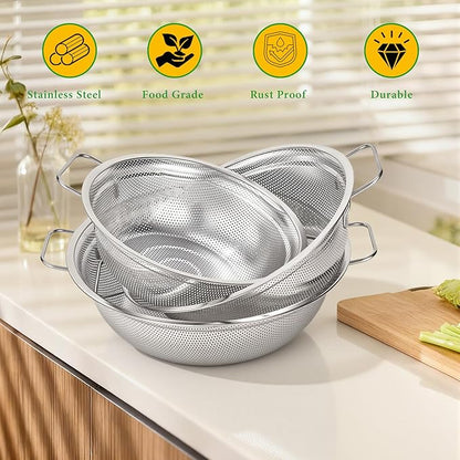 Colander Set of 3, Stainless Steel Micro-Perforated Colanders Strainers for Draining Rinsing Washing, Ideal for Pasta Vegetables Fruits, Heavy Duty & Dishwasher Safe - Image 7