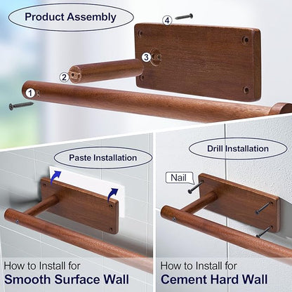 Wooden Paper Towel Holder for Kitchen,Adhesive Acacia Wood Paper Towel Holders Under Cabinet, Wall Mount Kitchen Paper Storage Essentials,Suitable for Kitchen,Bathroom Paper Storage
