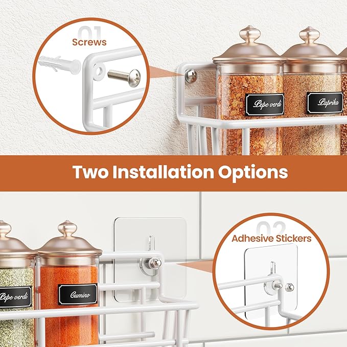 Mystozer 5 Pack Spice Rack Seasoning Organizer Wall Mount, Kitchen Organization Kitchen Storage Spice Shelf Screw or Adhesive Hanging Shelf Basket Spice Organizer Shelf for Kitchen, Pantry (White) - Image 4