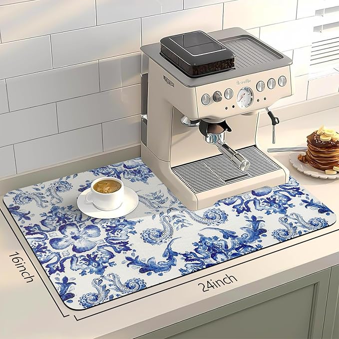 Bloss Dish Drying Mat, Multiple Usage Coffee Bar Mat, Kitchen Counter Mats, Absorbent Hide Stain Rubber Backed Dish Drying Pad(16.1"x24.1", Ink Cyan Flower) - Image 2