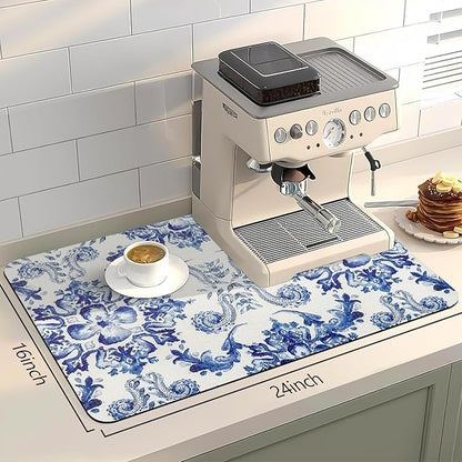 Bloss Dish Drying Mat, Multiple Usage Coffee Bar Mat, Kitchen Counter Mats, Absorbent Hide Stain Rubber Backed Dish Drying Pad(16.1"x24.1", Ink Cyan Flower) - Image 2