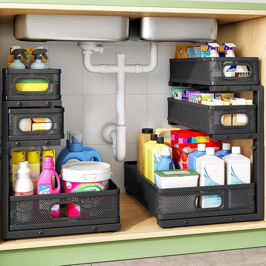 Kitstorack Under Sink Organizer, 2-Pack 3-Tier Height Adjustable Thickened Metal Pull out Cabinet Organizer Shelf, Slide out Storage Drawer Rack for Bathroom Kitchen Pantry Home Laundry Organization by Kitstorack