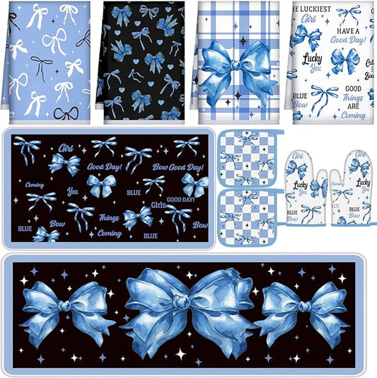 Fourluoo 10 Pcs Blue Bow Kitchen Decor Set Dish Towels Kitchen Rugs Oven Mitts and Pot Holders for Cooking Baking Grilling Women Mom Gift