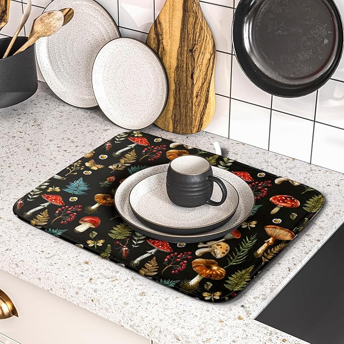 Mushroom Forest Dish Drying Mat Fern Leaves Black Drainer Mat for Kitchen Countertop 16 X 18 Inch - Image 5