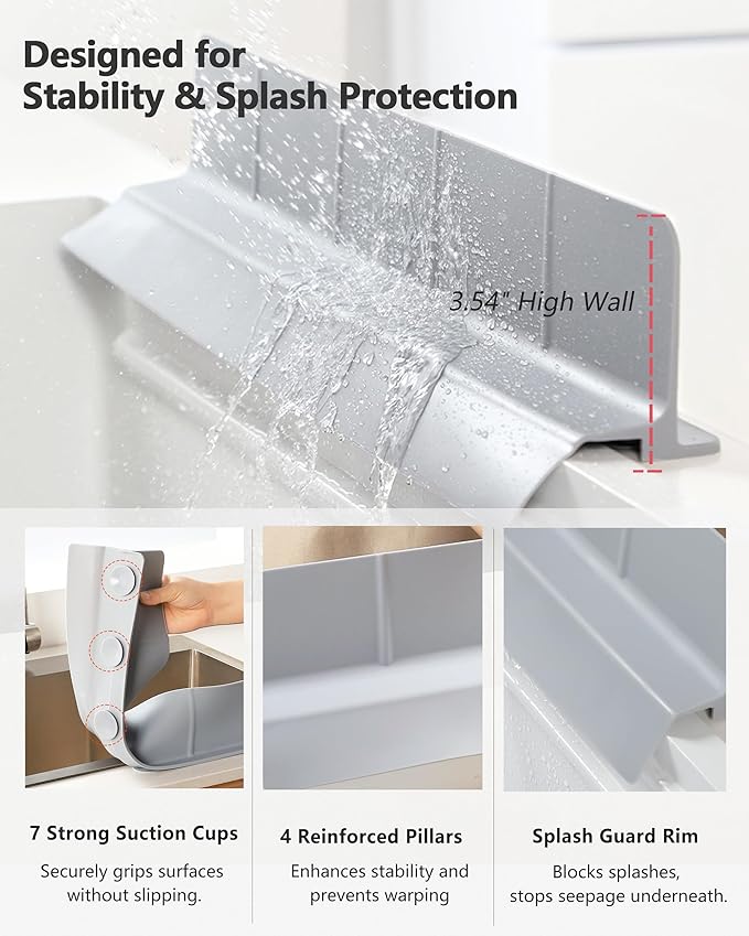 Kitchen Sink Splash Guard 18" 23" 30" Self-Draining Silicone Water Guard with High Splash Wall & Strong Suction Cups for Faucet, Countertop & Sink Edge, Keeps Sinks Dry, Dishwasher Safe, Gray
