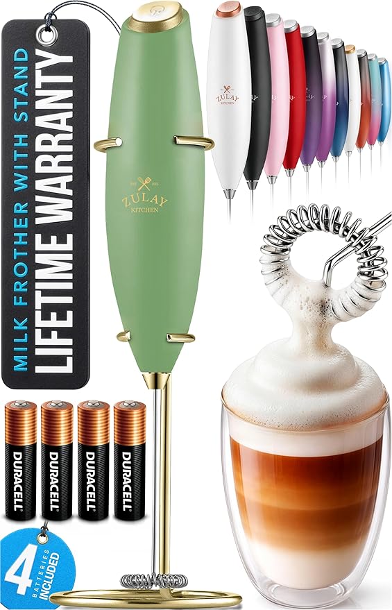 Zulay Kitchen Powerful Milk Frother Wand With 4 AA Duracell Batteries - Ultra Fast Handheld Drink Mixer - Electric Whisk Foam Maker for Coffee, Lattes, Cappuccino, Matcha & Creamer - Forest Gold by ZulayKitchen