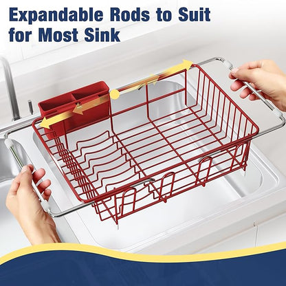 JASIWAY Red in Sink Dish Drying Rack, Expandable Stainless Steel Small Dish Rack Over Kitchen Sink, Plate Drainer Strainer with Cutlery Holder & Cup Holders, Counter Space Saving Wire Dryer Rack - Image 4