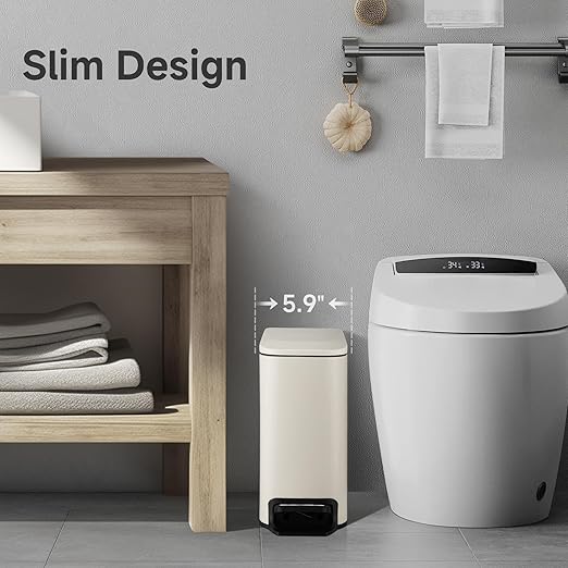TIPGO Slim Bathroom Trash Can with Lid Soft Close, 6 Liter / 1.6 Gallon Stainless Steel Garbage with Removable Inner Bucket, Small Trash Bins for Bedroom, Office (Cream) - Image 3