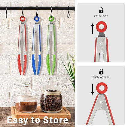 Hotec Mini Silicone Kitchen Tongs for Cooking - 7-Inch Small Serving Tongs with Silicone Tips, Set of 3 (Red,Blue,Green) - Image 7