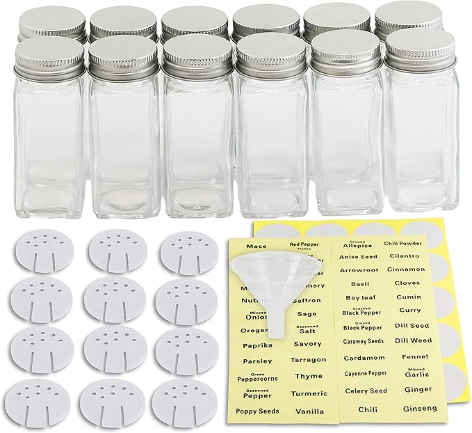 Simple Houseware Spice Jars 4 Ounce Square Glass Bottles with Shaker Lids, Funnel and Labels for Seasoning & Storage, 12 Pack - Image 2