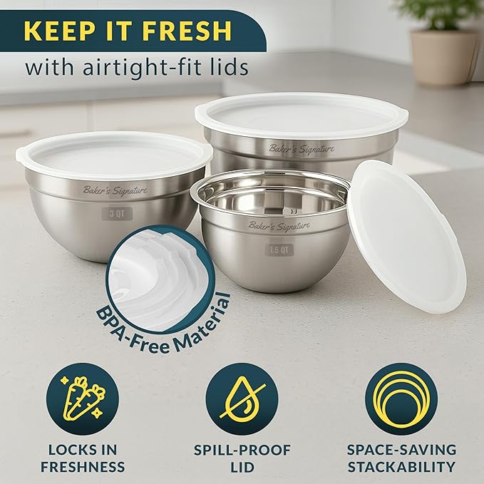 Baker's Signature Stainless Steel Mixing Bowls With Lid, Metal Mixing Bowl Set Of 3, Nesting Set For Food Prep, Baking,Storage, Cooking, Serving | Dishwasher Safe, Silver, 1.5/3/5 Qt - Image 4