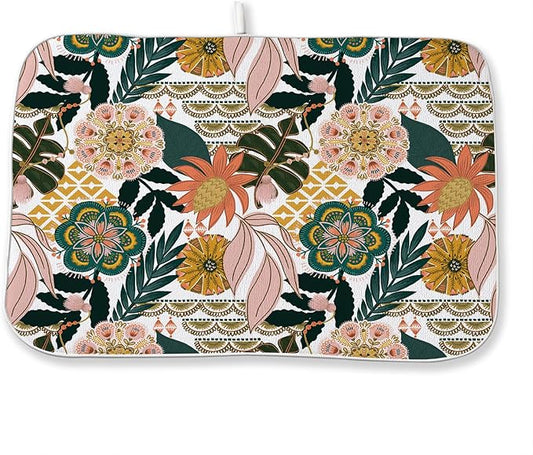 Boho Dish Drying Mat 18 x 24 Inch Pink Green Floral Drying Mat for Kitchen Counter Absorbent Bohemian Tropicla Leaves Spring Summer Dishes Dry Pad for Drainer Rack Kitchen Fast Dry