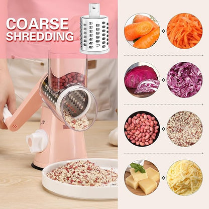 Cambom Rotary Cheese Grater Hand Crank Cheese Shredder for Fresh Cheese, Vegetable, Nuts,Non-slip Suction Base, Free Cleaning Brush Three Blades, Pink - Image 2
