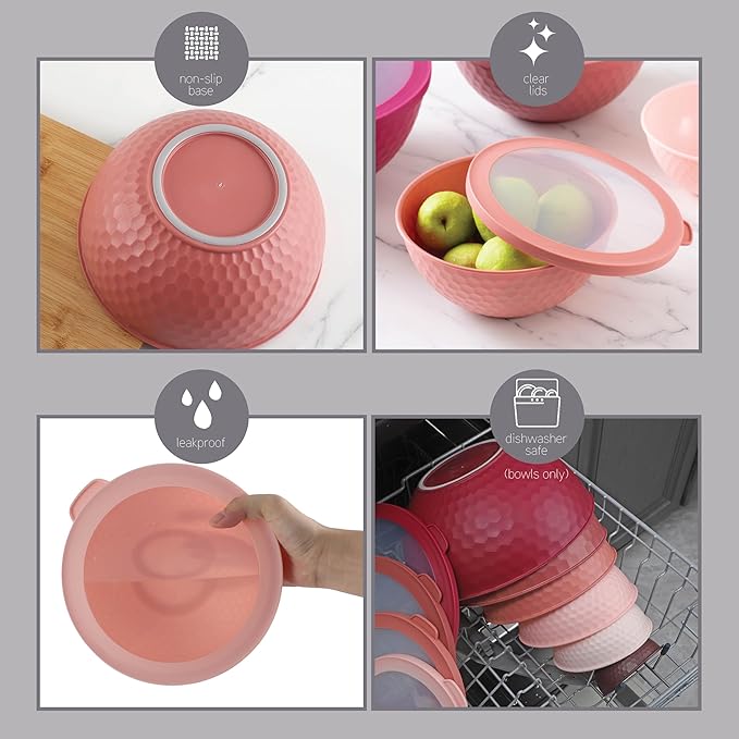COOK WITH COLOR Mixing Bowls with Lids - 12 Piece Plastic Nesting Bowls Set includes 6 Prep Bowls and 6 Lids, Microwave Safe Mixing Bowl Set, Rose Embossed - Image 6
