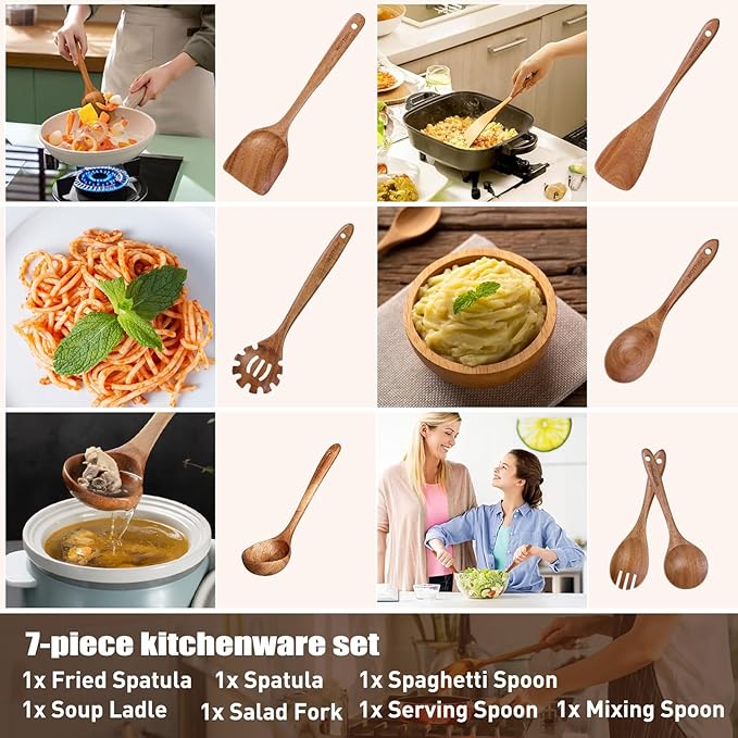 Wooden Utensil Set,WOTTISH 7Pcs Nonstick Wood Spatula,Wooden Kitchen Utensils Set Non Toxic,Wooden Spoons for Cooking（A07） - Image 4