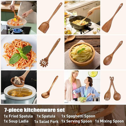 Wooden Utensil Set,WOTTISH 7Pcs Nonstick Wood Spatula,Wooden Kitchen Utensils Set Non Toxic,Wooden Spoons for Cooking（A07） - Image 4