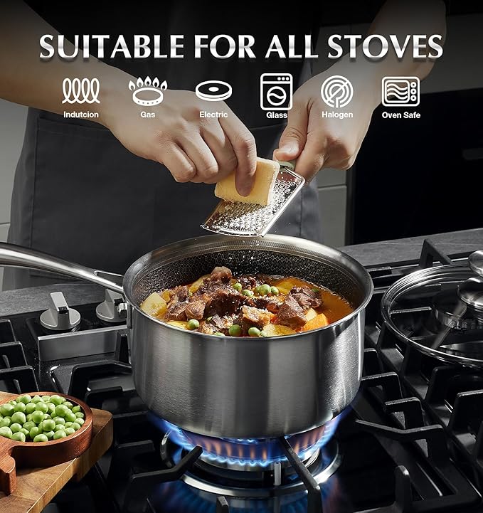 KOCH SYSTEME CS Hybrid Nonstick Stainless Steel Saucepan Set, 6-Piece Triply Stainless Steel Saucepan Set with Hybrid Honeycomb Interior, 1QT & 2QT & 3QT Sauce Pans, Induction Ready, Steel Pot Set - Image 4