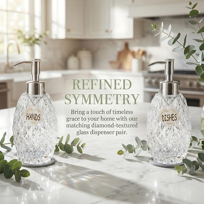 MALACHI Soap Dispenser Set, Crystal-Textured Diamond Glass with Rustproof Stainless Steel Pump, Dual-Labelled Hand & Dish Soap Dispenser for Kitchen & Bathroom