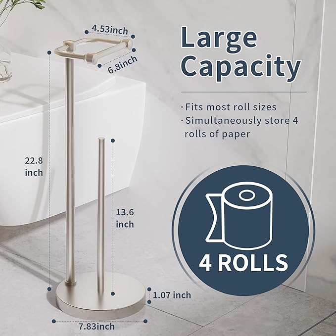 RARXTR Toilet Paper Holder Stand, Post Pivoting Design Free Standing Toilet Paper Holder with Storage for 4 Rolls, SUS304 Stainless Steel Tissue Holder with Reserve, Heavy-Duty Base (Brushed Nickel)