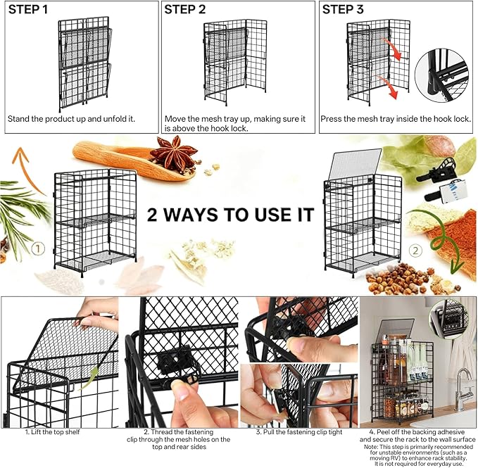 DTUQYX Spice Rack Organizer for Countertop, 3-Tier Large Capacity Foldable Metal Counter Seasoning Storage, Easy to assemble, Shelf with Guardrail and Mesh Design for Bathroom, Kitchen, Cabinet, RVs