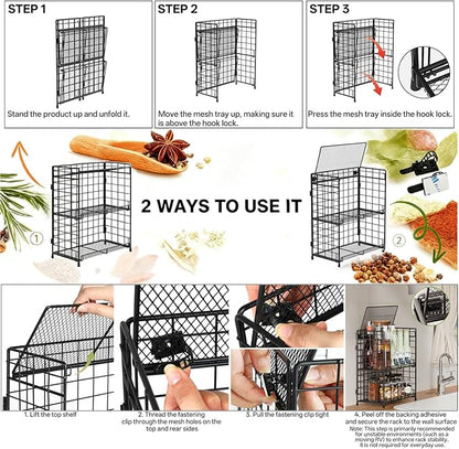 DTUQYX Spice Rack Organizer for Countertop, 3-Tier Large Capacity Foldable Metal Counter Seasoning Storage, Easy to assemble, Shelf with Guardrail and Mesh Design for Bathroom, Kitchen, Cabinet, RVs