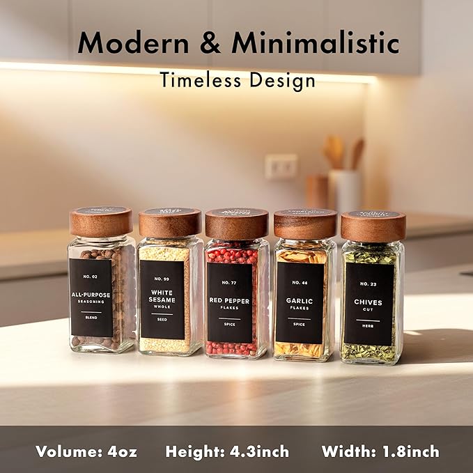EDELHAUS® Square Spice Jars with Acacia Wooden Lid (Pack of 24) Spice Jars with Shaker Insert and 240 Labels - Acacia Lids Glass Container for Spice Organisation [4.3 in × 1.8 in] - Image 2