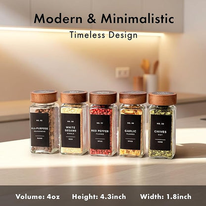EDELHAUS® Square Spice Jars with Acacia Wooden Lid (Pack of 24) Spice Jars with Shaker Insert and 240 Labels - Acacia Lids Glass Container for Spice Organisation [4.3 in × 1.8 in] - Image 2