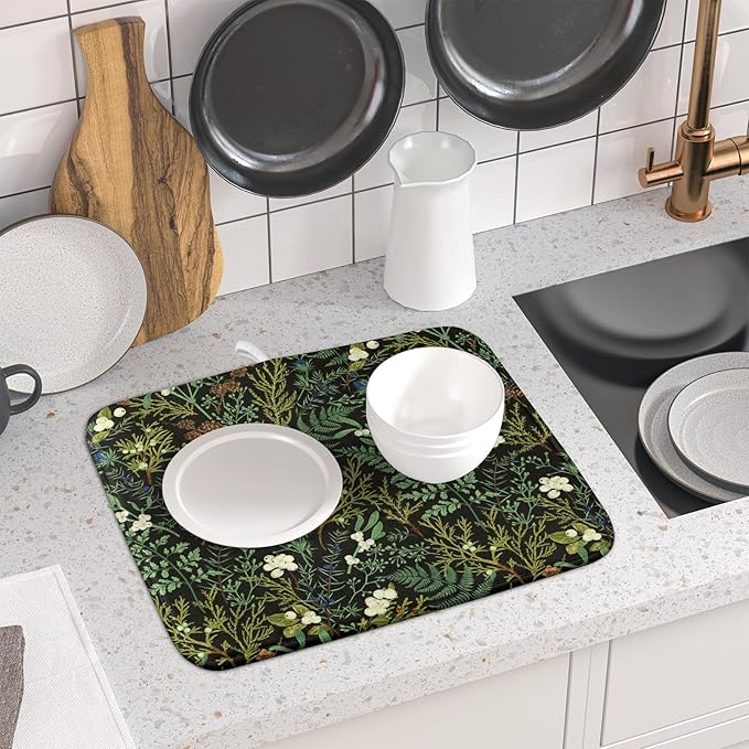 Green Plants Dish Drying Mat for Kitchen Counter Microfiber Absorbent Dish Draining Reusable Washable Foldable 16"x18" - Image 6