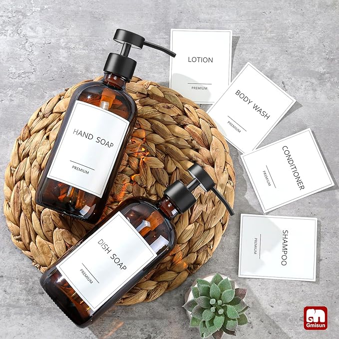 GMISUN Amber Glass Soap Dispenser, 4 Pack Bathroom Hand Soap Dispensers with Stainless Steel Flat Pump, 17 Fl Oz Kitchen Dish Soap Dispenser, Modern Vintage Liquid Brown Soap Dispensers Bottle Set - Image 8