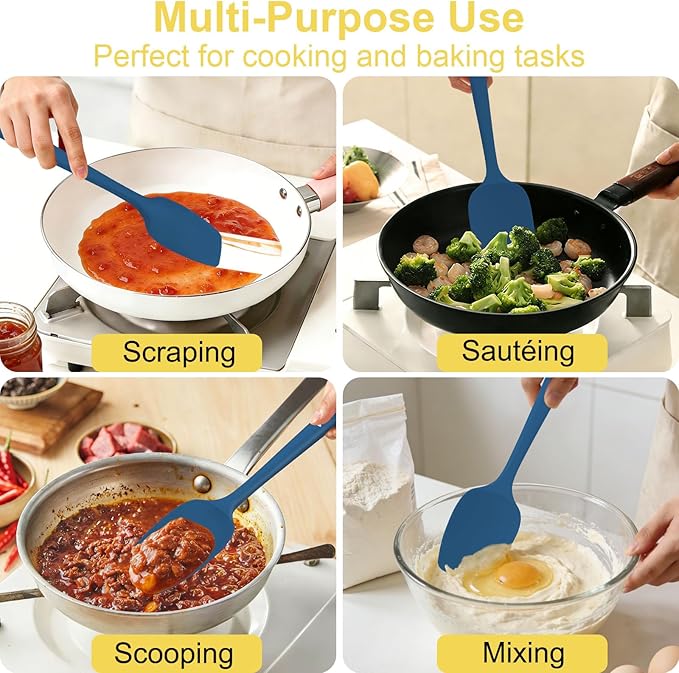4 Pcs Silicone Spoon Spatula Set, 11.4 In, Food Grade Rubber Spatulas for Cooking, Baking, Mixing, 600°F Heat Resistant, Nonstick and Flexible Kitchen Utensils, Seamless Spoonula (Blue)