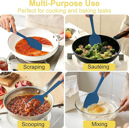4 Pcs Silicone Spoon Spatula Set, 11.4 In, Food Grade Rubber Spatulas for Cooking, Baking, Mixing, 600°F Heat Resistant, Nonstick and Flexible Kitchen Utensils, Seamless Spoonula (Blue)