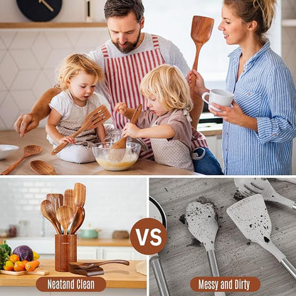 Wooden Spoons for Cooking, 9 PCS Teak Wood Cookware Utensil Set - Smooth Finish, Non-Stick, Comfortable Grip, Heat Resistant Kitchen Utensils Gift Box - Image 6