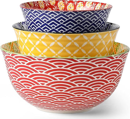 Metahom Ceramic Mixing Bowls for Kitchen, Colorful Nesting Bowls, Large Serving Bowls for Prepping, Baking, Mixing, Salad, Microwave Dishwasher Safe, 3.7/2.3/1.4 Qt, Set of 3 by Metahom