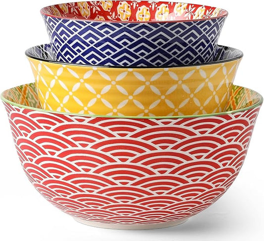 Metahom Ceramic Mixing Bowls for Kitchen, Colorful Nesting Bowls, Large Serving Bowls for Prepping, Baking, Mixing, Salad, Microwave Dishwasher Safe, 3.7/2.3/1.4 Qt, Set of 3 by Metahom