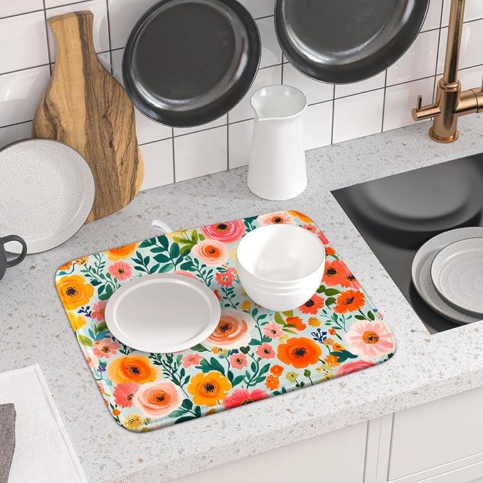 Spiral Flower Dish Drying Pad - Spring Bold Floral Printd Kitchen Countertop Cloth Pad for Home Decorative - Image 6